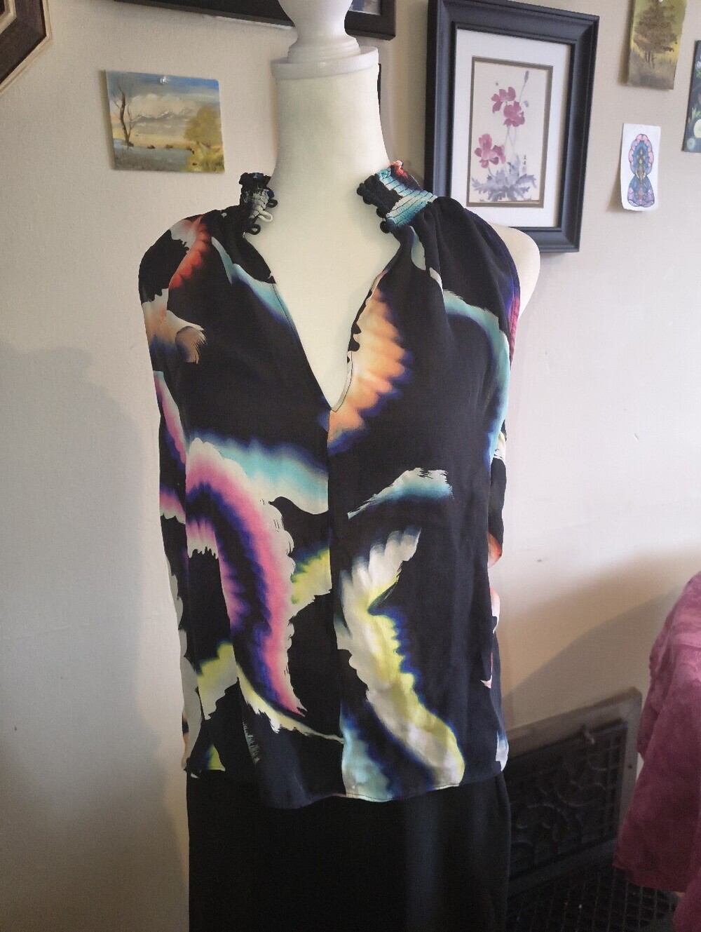 A.L.C. 100% Silk Sleeveless Halter Neck Multicolor Print Top - Black
